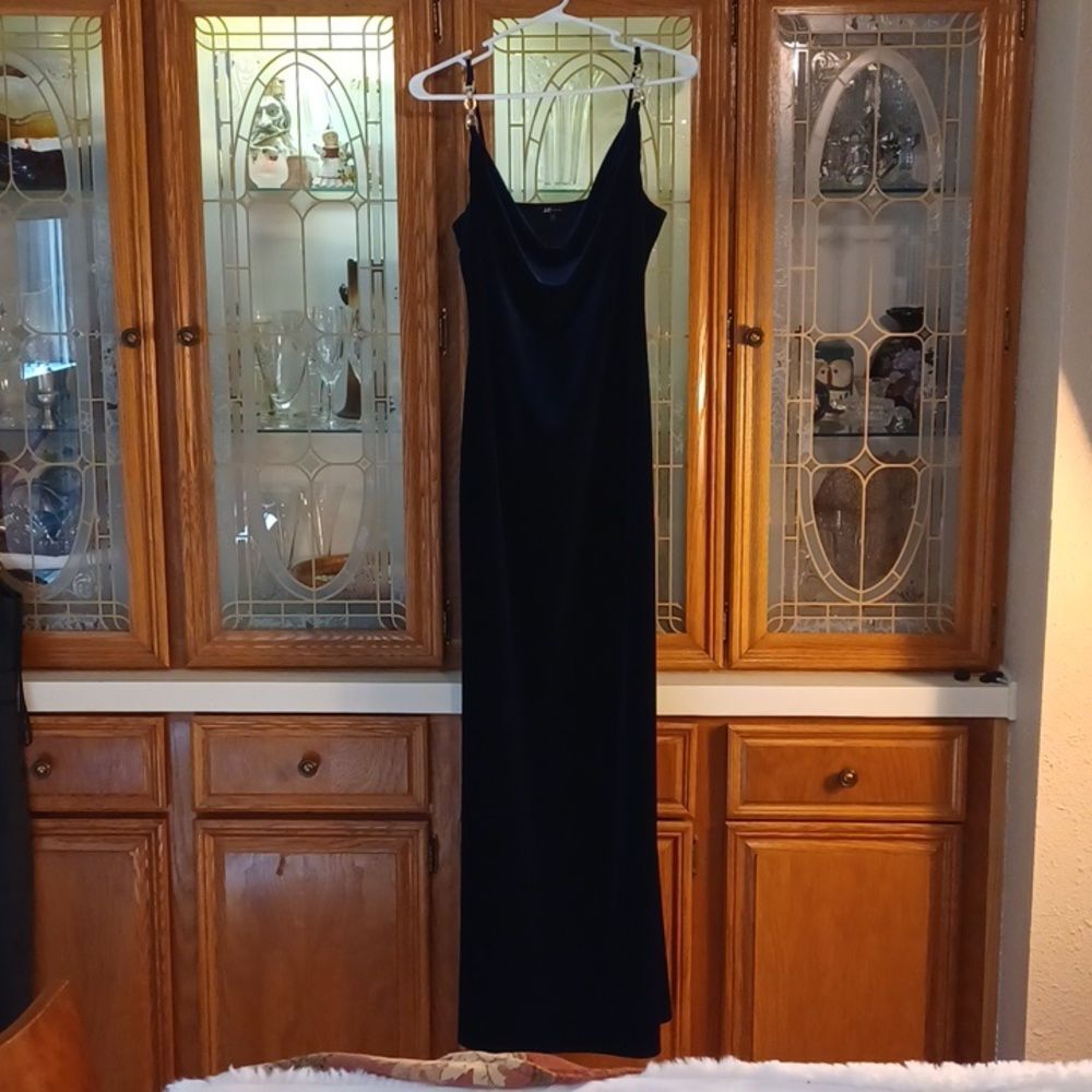 Jump Apparel Midnight Blue Velvet Maxi Y2K Spagetti Strap Evening Party Dress L